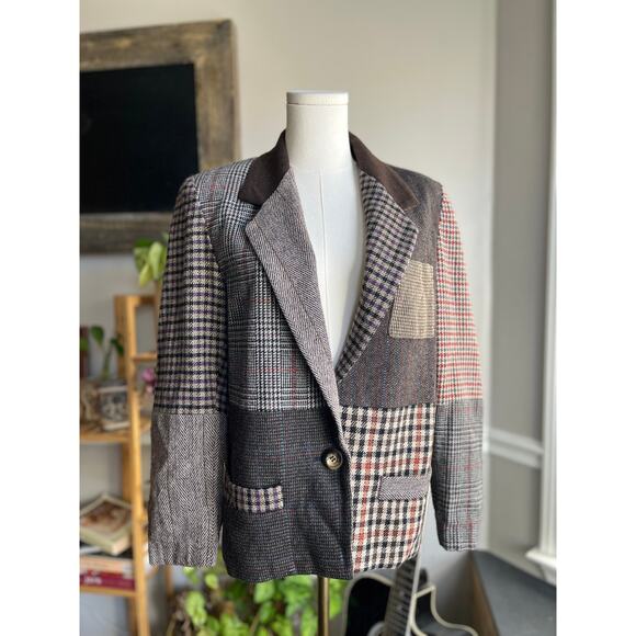 The Limited Jackets & Blazers - Vintage 90s Brown Plaid Patchwork Wool Blend Blazer Jacket Size Small